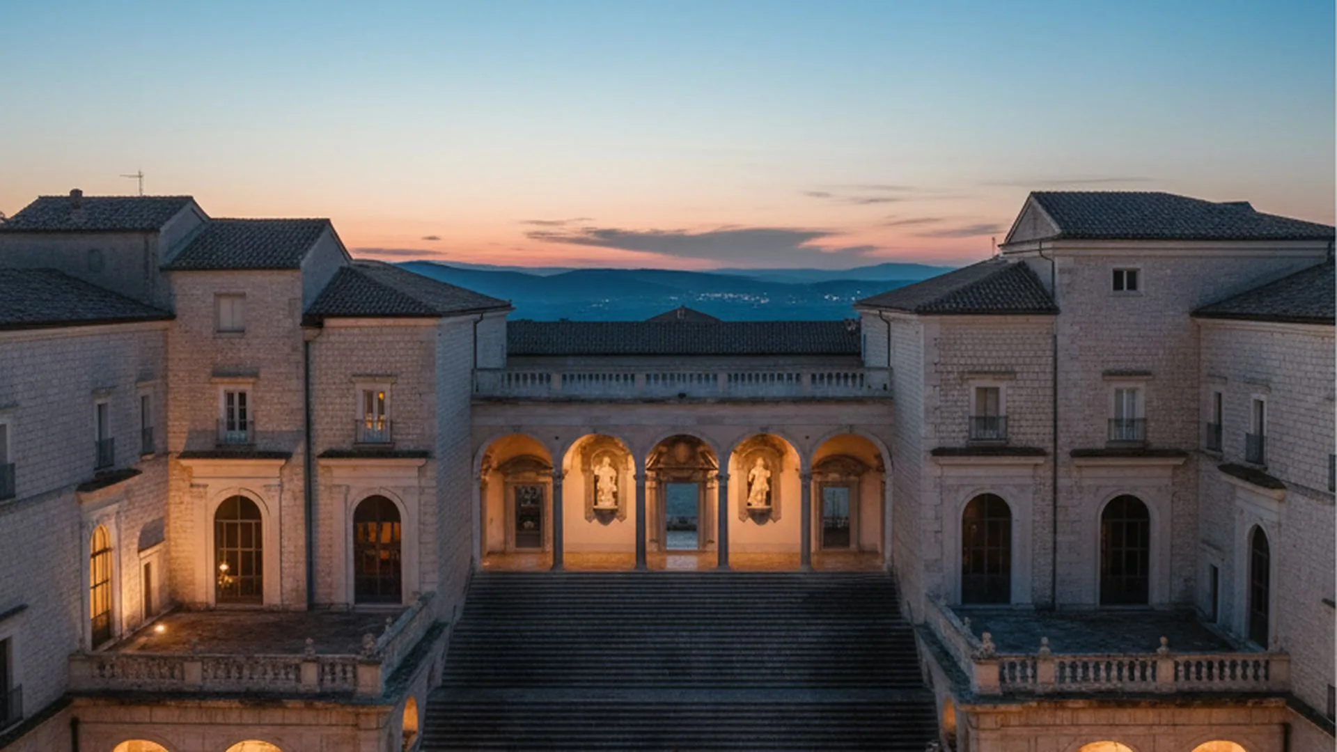 Il cortile dell'Abbazia di Montecassino affacciato sulla valle al tramonto